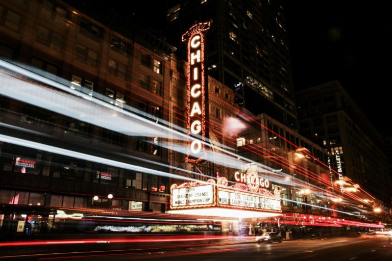 A street in Chicago during night.